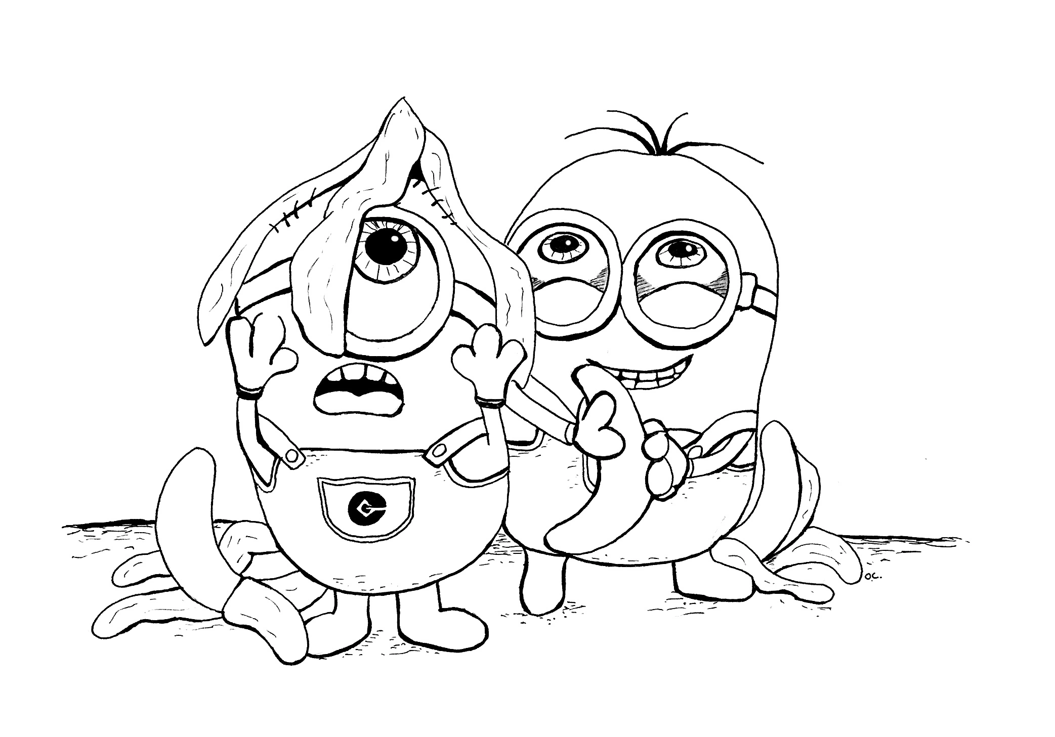 Coloring book minions with bananas